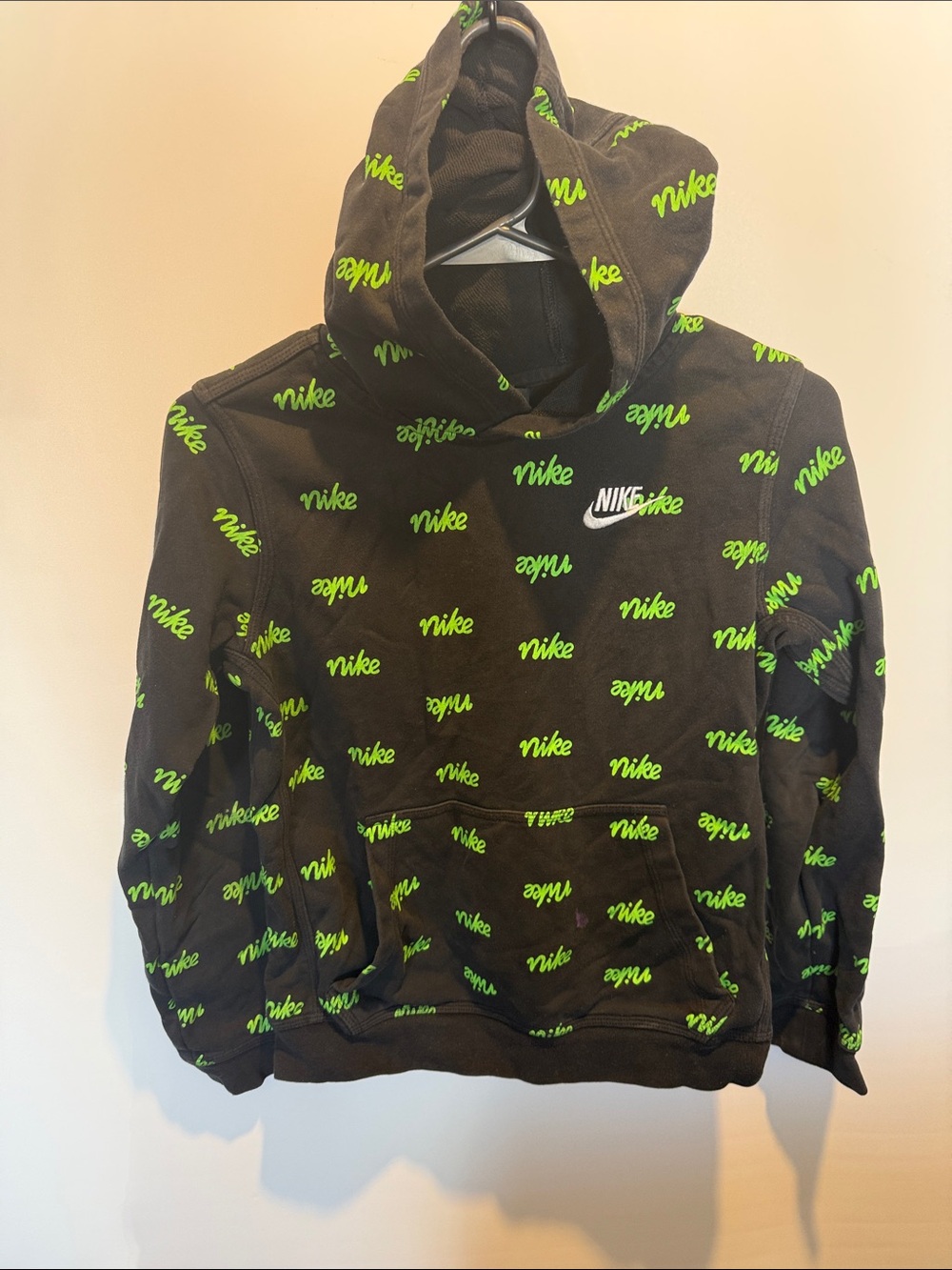 Nike Black Hoodie with Neon Green Logo Pattern Size: L